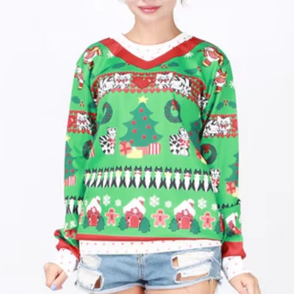 Faux Real Women's 3D Photo Realistic Ugly Christmas Sweater Sweatshirt w Cats, M